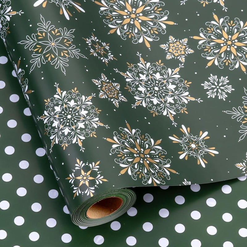 MAYPLUSS Christmas Wrapping Paper Roll - 17IN X 33FT - Green Gift Wrapping Paper Featuring Snowflake Against Dark Green Reversible Polka Dot for Kids, Holiday, New Year - Image 1